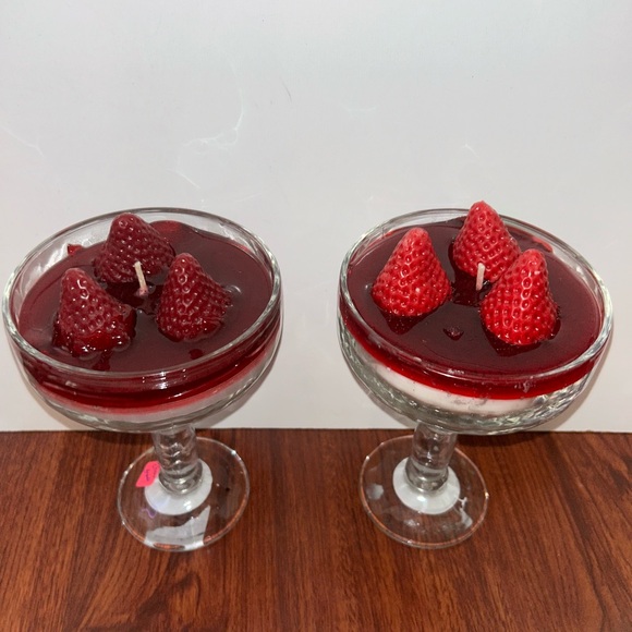 Glass Dessert Strawberry Shortcake Candle Pair with Red Strawberry Top
